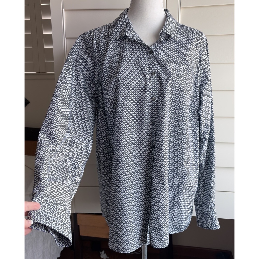 Lands' End Women 22W No Iron Supima Cotton Shirt Blue Geometric Button Front